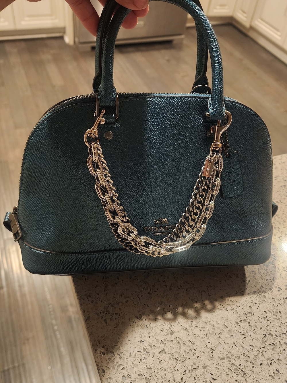 NOT FOR SALE Coach Metallic Dark Teal Saffiano Leather Satchel with Chain Detail